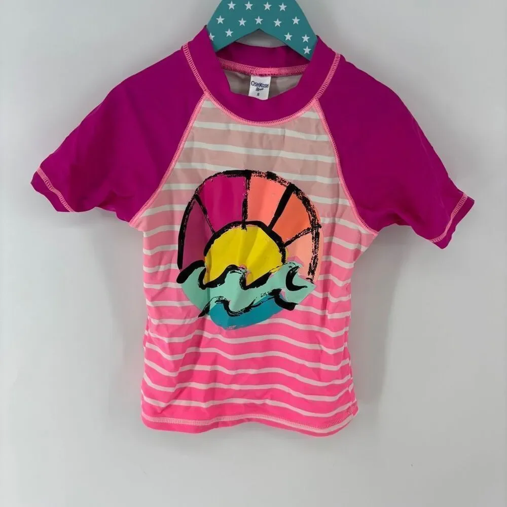 OshKosh B'gosh Kid's Red Pink Striped Ocean Print Swim Shirt Top Size 8